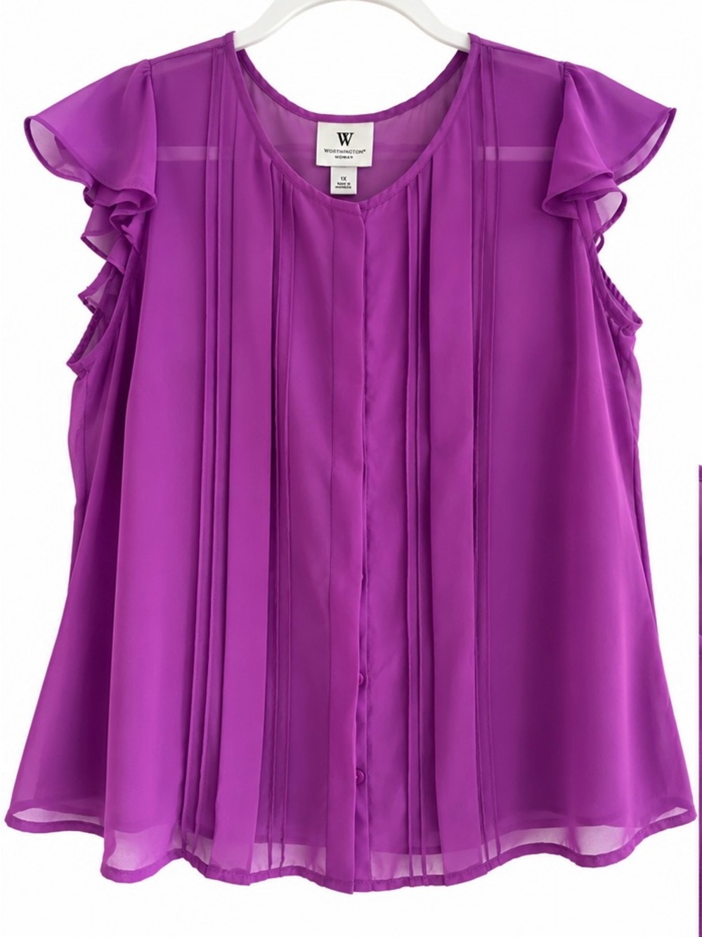 Worthington 1X Magenta Chiffon Fluttered Sleeve Ruffle Sheer Blouse